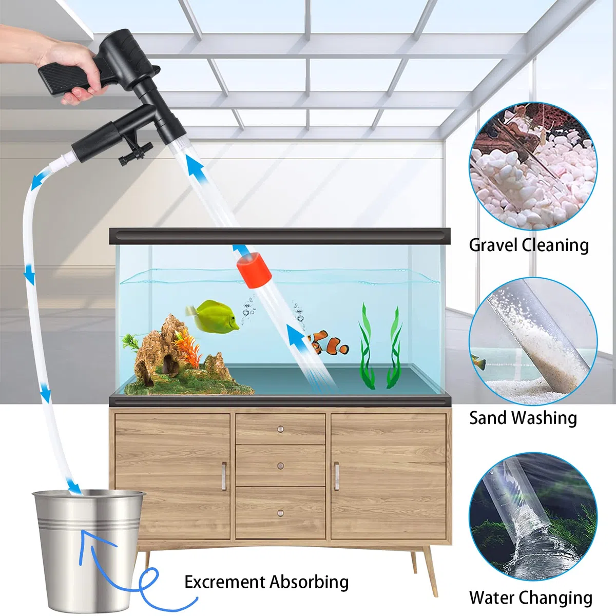 Aspirapolvere per Acquario, Sifone Aspirarifiuti Kit per la Pulizia della Ghiaia dell’Acquario con Ugello Lungo, Pompa Sifone Acquario per Pulizia Fondo Acquario