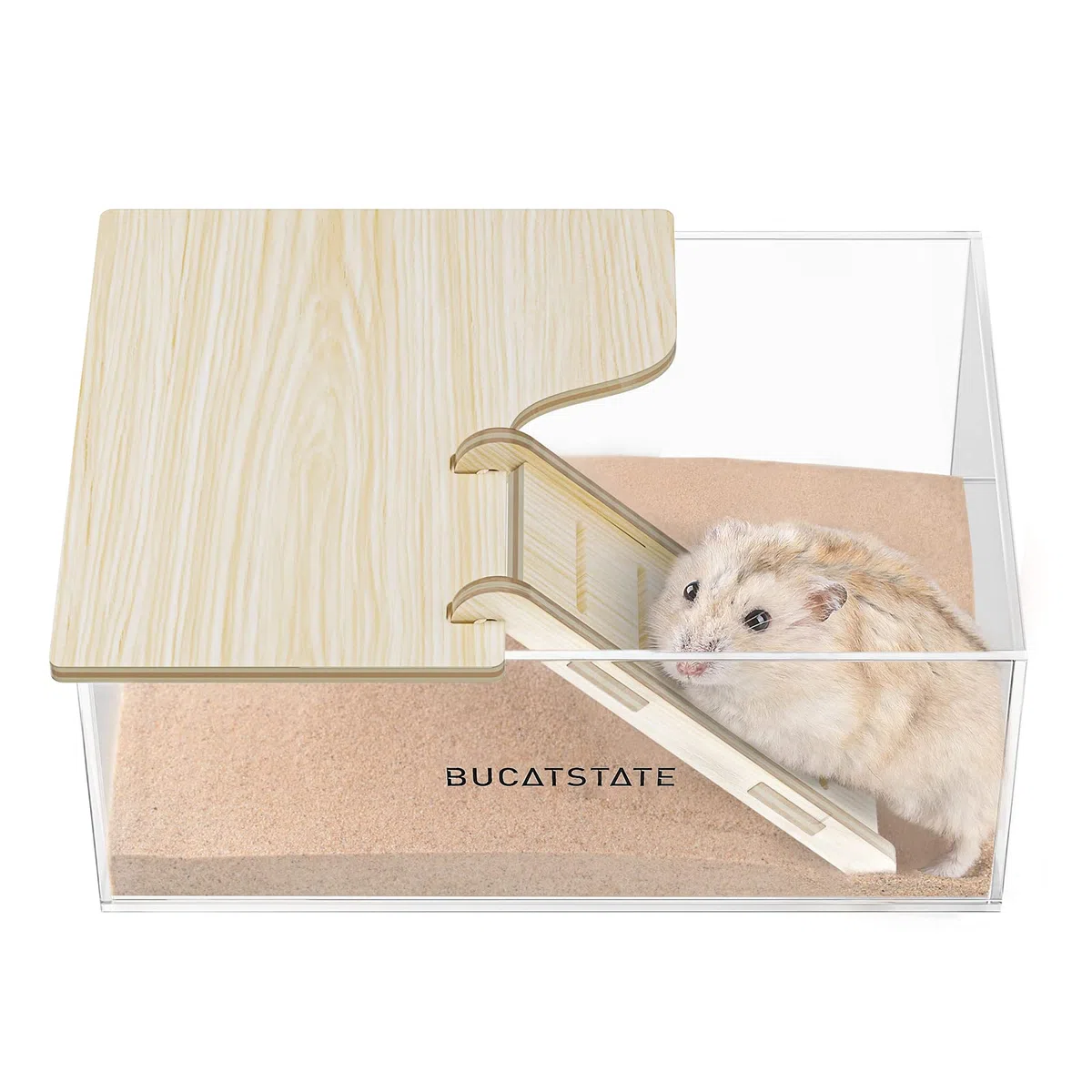 BUCATSTATE Contenitore per vasca di sabbia per criceti con scala - Doccia in acrilico e lettiera per scavi per topi Lemming Gerbilli Piccoli animali (a forma di rettangolo)