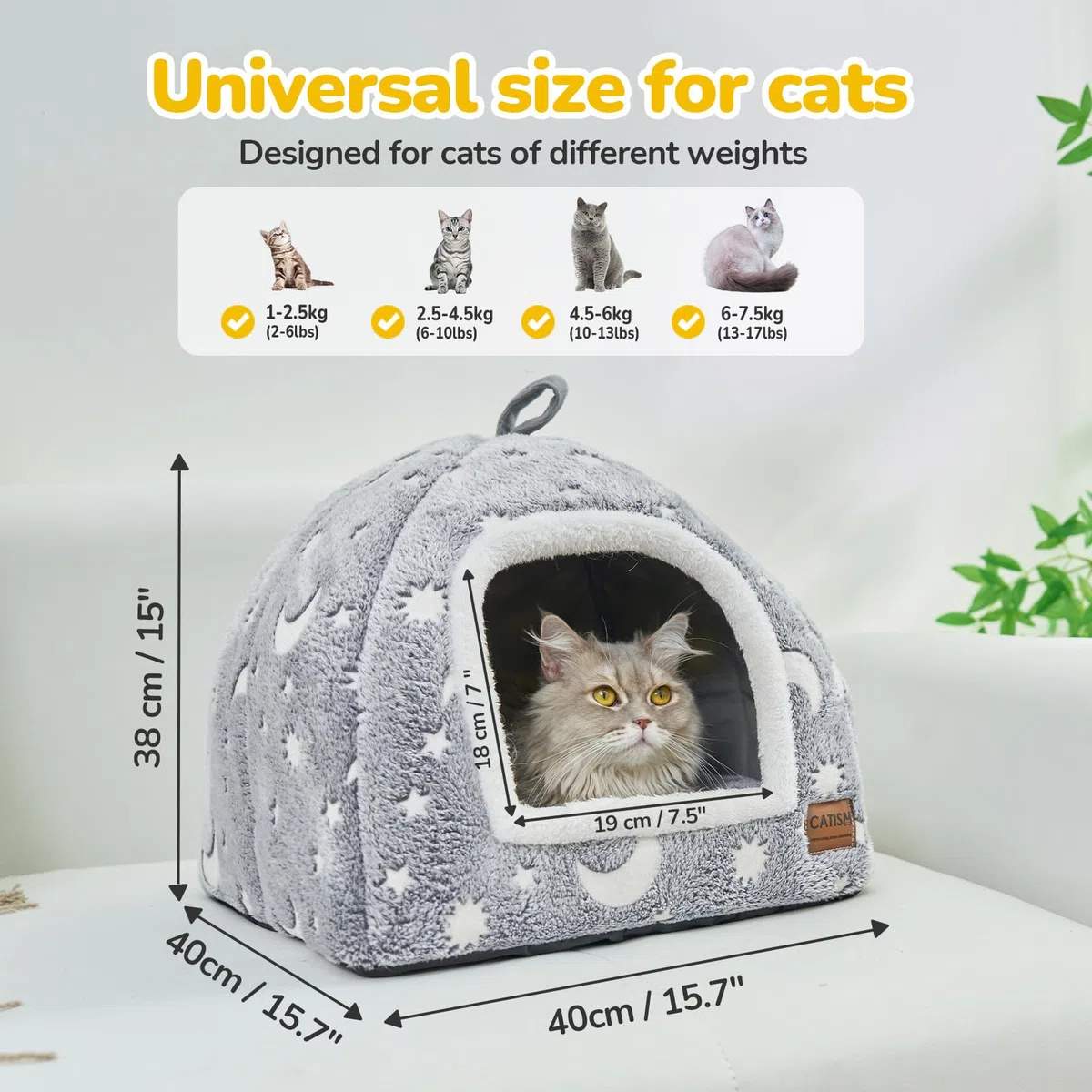 CATISM Luminosa Cuccia Gatto Interno - 2 in1 Cucce per Gatti 40 x 40 x 38 cm, Pieghevole, Lavabile e Confortevole con Cuscino Rimovibile per Gatti, Animali Domestici