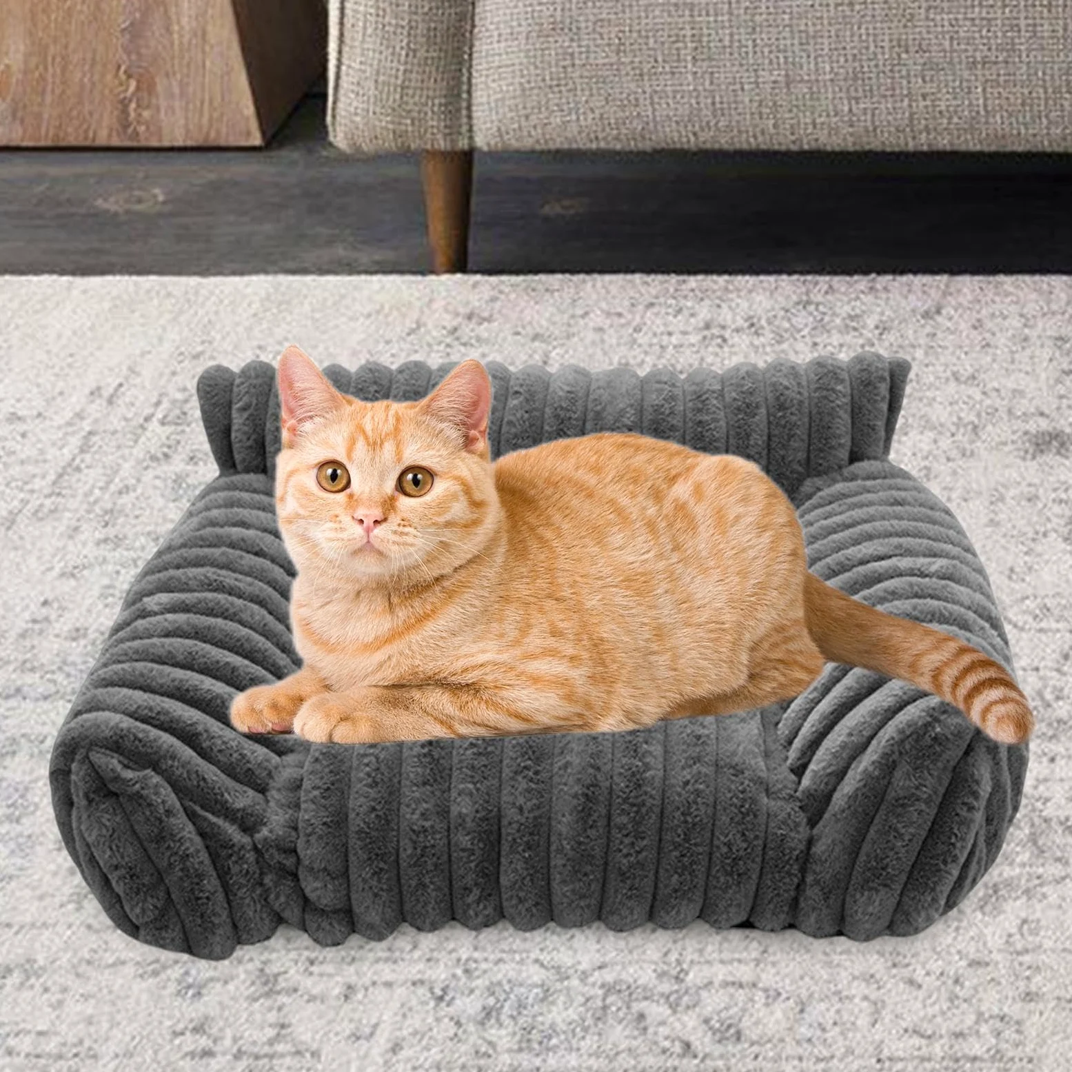 Cat Divano Bed, Plush Pet Couch, Chew-Proof Dog Lounger, Sturdy Cozy Nest Cushion, Comfortable Resting Spot for Small Pets for Patio, Bedroom, Outdoors, Travel, Living Room, Car, Apartment