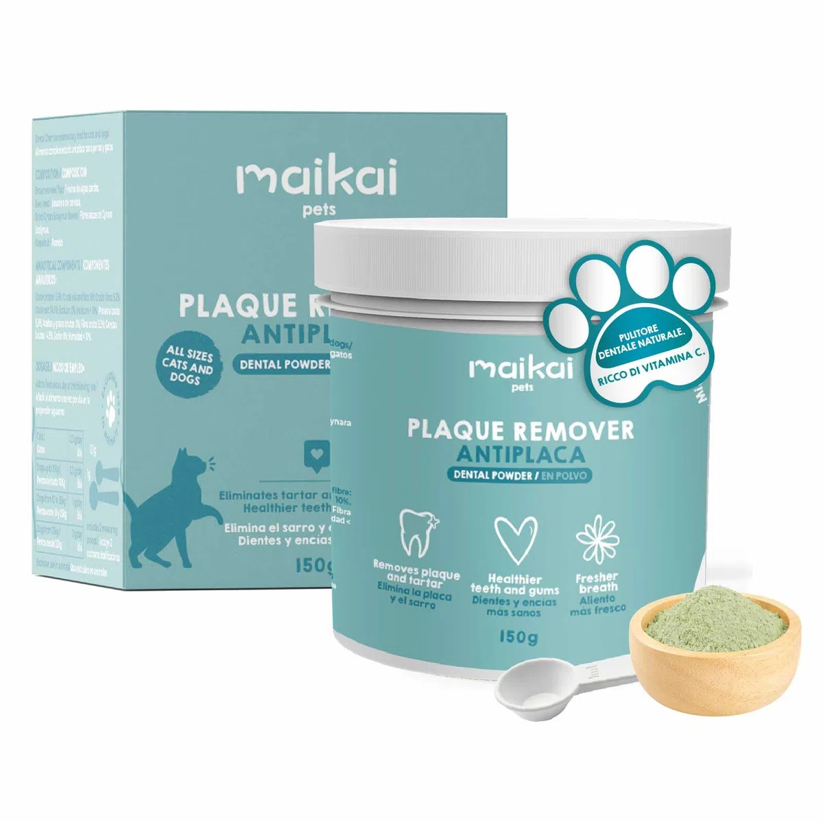 MAIKAI Polvere per Pulizia Denti Cani e Gatti 150g Integratore Antitartaro e Placca Alitosi Eliminare Alito Cattivo 100% Naturale - Rinfresca l’Alito e Protegge Denti e Gengive Igiene Orale Naturale