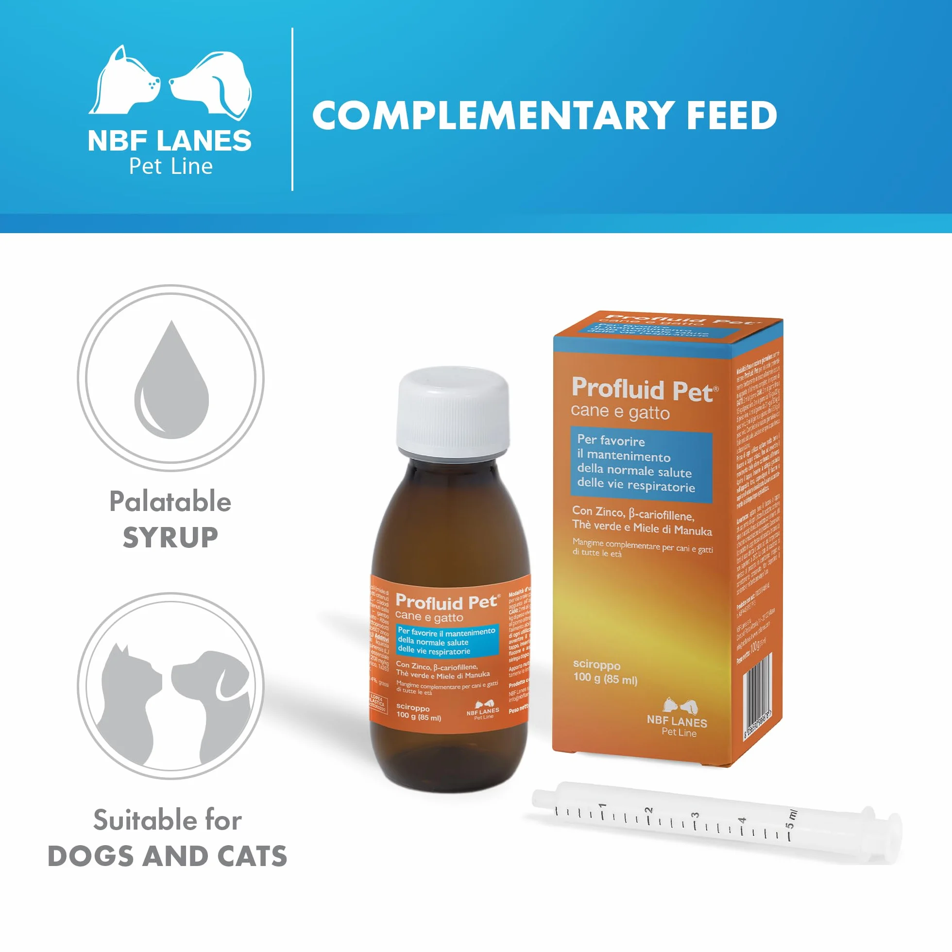 NBF Lanes | Profluid Pet Cane e Gatto, Sciroppo Appetibile 100 g. per Favorire il Mantenimento della Normale Salute delle Vie Respiratorie