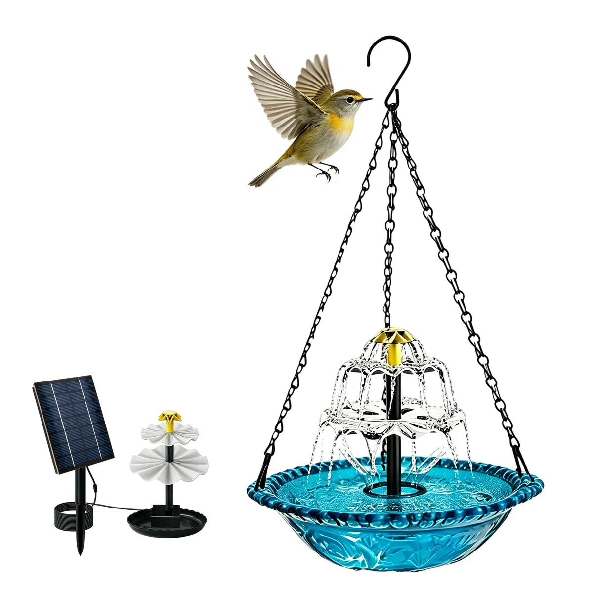 Abbeveratoio per uccelli da appendere con fontana solare, bagno per uccelli, abbeveratoio per uccelli con fontana da appendere, per giardino, balcone, terrazza, con catene in metallo, decorativo