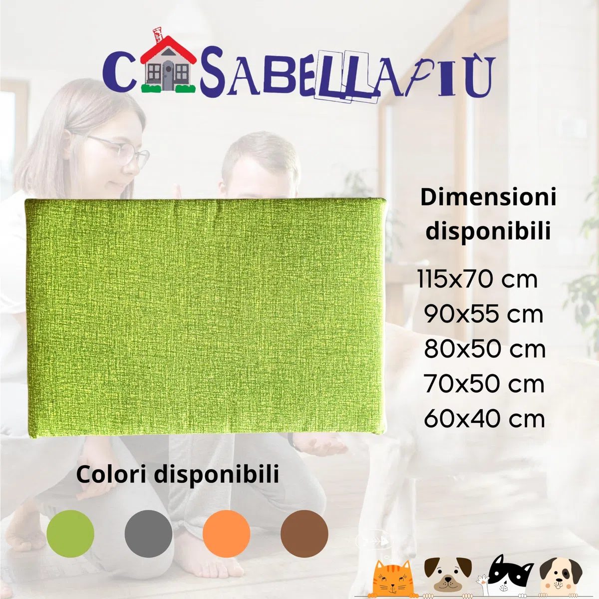 CASABELLAPIU Cuscino Per Cani, Lettino Per Cuccia Cani o Gatti Completamente Sfoderabile e Lavabile, 100% Made In Italy (VERDE, 70x50 cm)