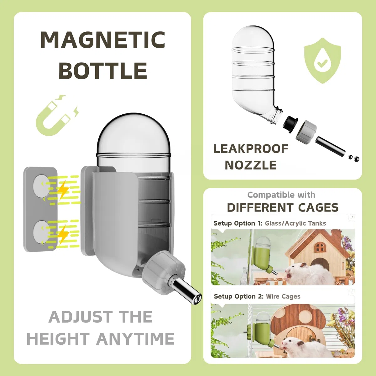 Set Magnetico per Alimentazione Roditori con Bottiglia d'Acqua & Ciotola per Terrari in Vetro Criceto Dorato Degù (Grigio, Montaggio magnetico)