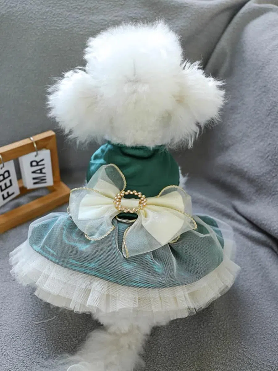 Vestito per cani di piccola taglia, gonna per cuccioli con fiocco retrò, tutù da principessa, per matrimonio, abito in pizzo per gatti e cani di piccola taglia (verde, XL)