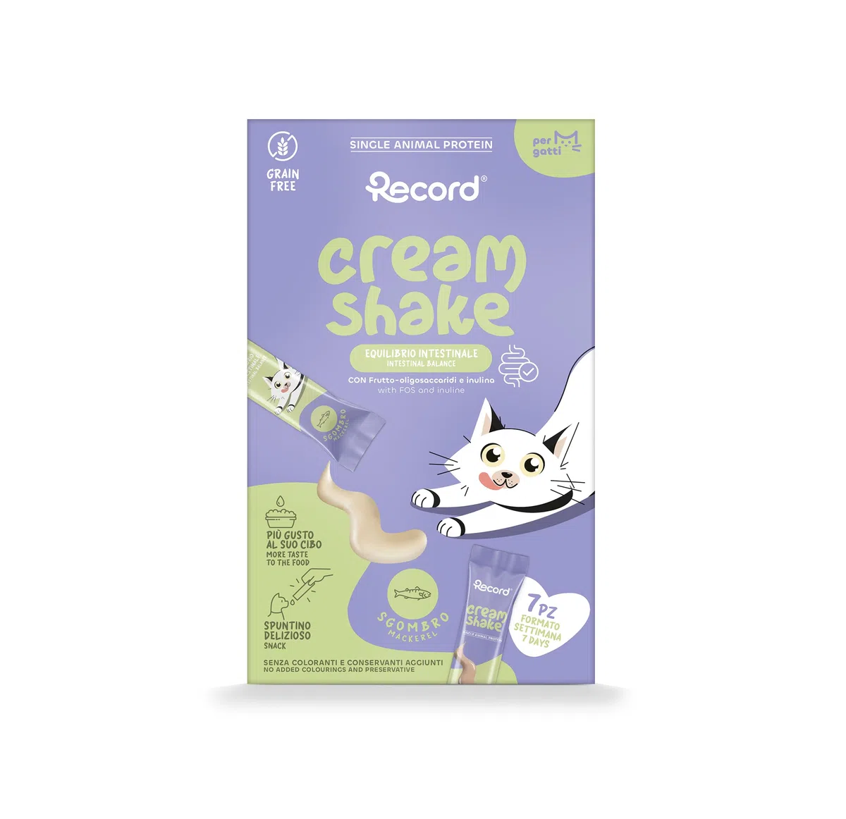 Record - Cream Shake Snack Cremoso per Gatti "Intestinal Care" al Sgombro, 12 Pack (7 Stick da 12 g). Monoproteico, con FOS e Inulina, Anti Boli di Pelo per sostenere la funzionalità intestinale