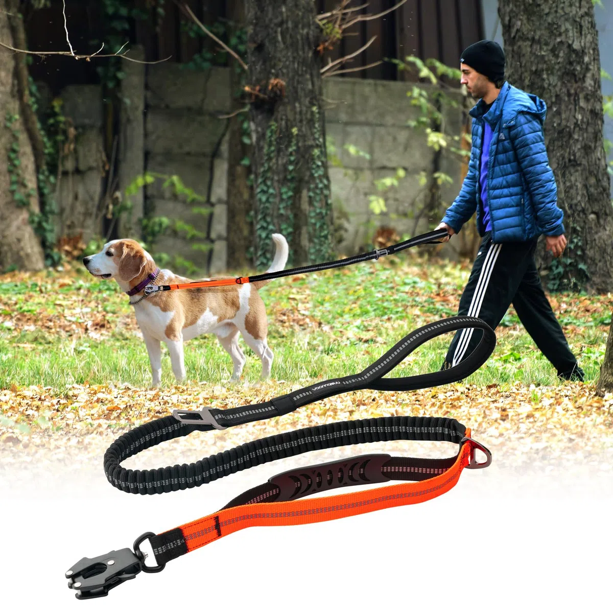 Guinzaglio tattico resistente con moschettone a sgancio rapido e fili altamente riflettenti, 1,2-1,8 m, per cani di taglia media e grande, nero e arancione
