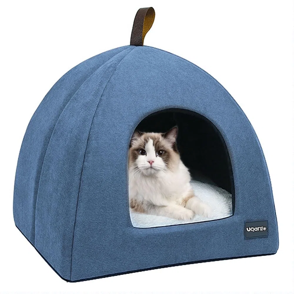 Voarge Letti per gatti, grotta morbida, in pile caldi, con cuscino interno rimovibile e lavabile, blu, Small