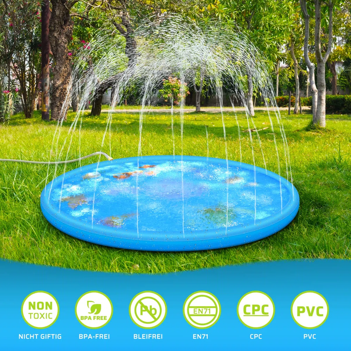 Anpro Sprinkler Splash Pad, tappetino da gioco con 15 strisce antiscivolo, per bambini, cani e animali domestici, 170 cm