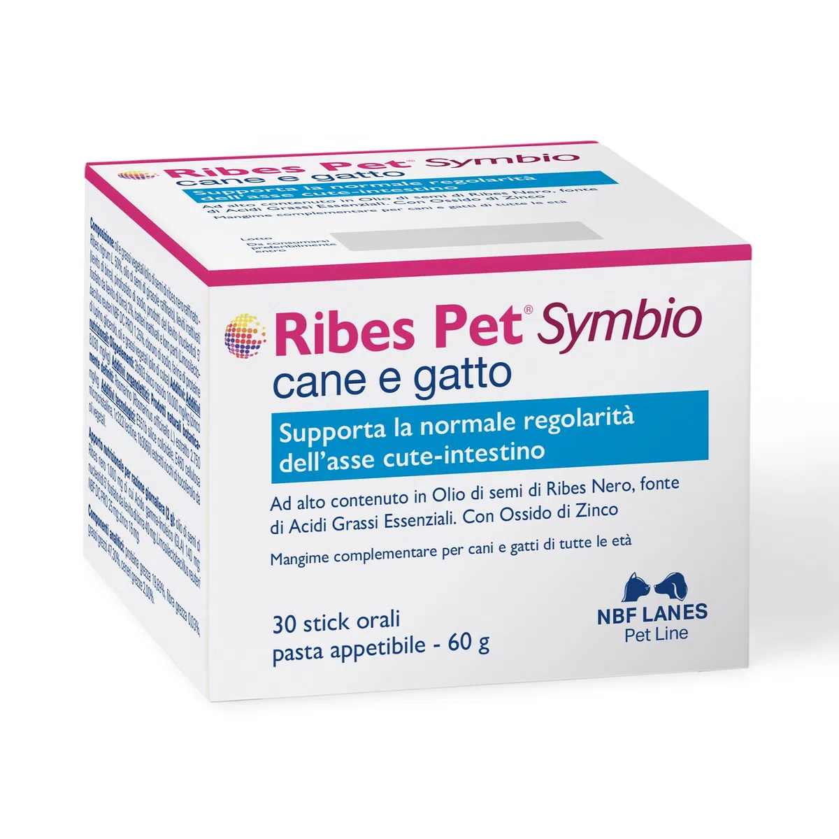 NBF Lanes | Ribes Pet Symbio Cane e Gatto, 30 Stick di Pasta Appetibile 60 g, Supporta la Normale Regolarità dell’Asse Cute-Intestino