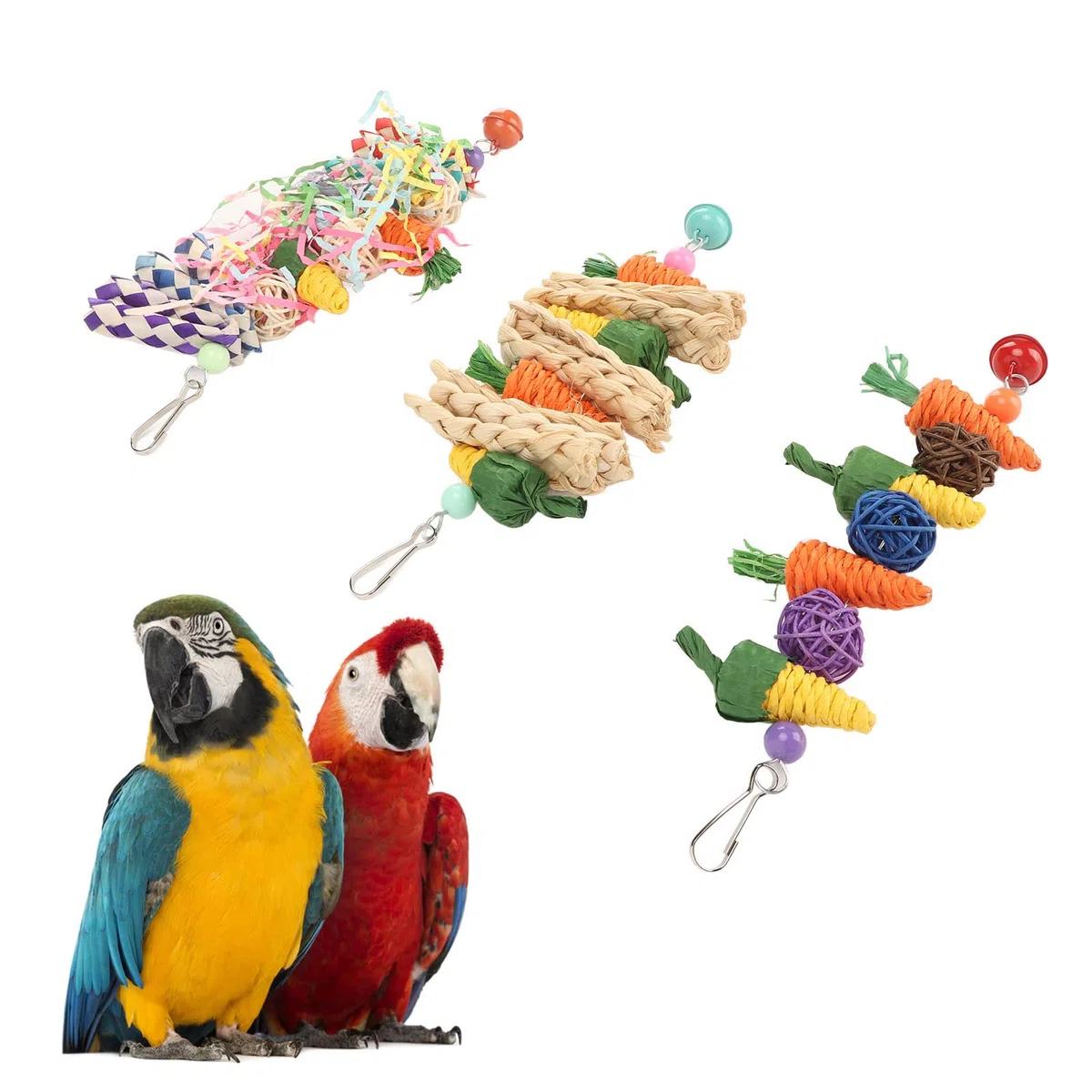 Set da 3 Giochi per Pappagalli Masticabili in Fibra Naturale Carote Intrecciate, Palline di Rattan e Giocattoli Sospesi per Budgie, Cocorite, Conuri