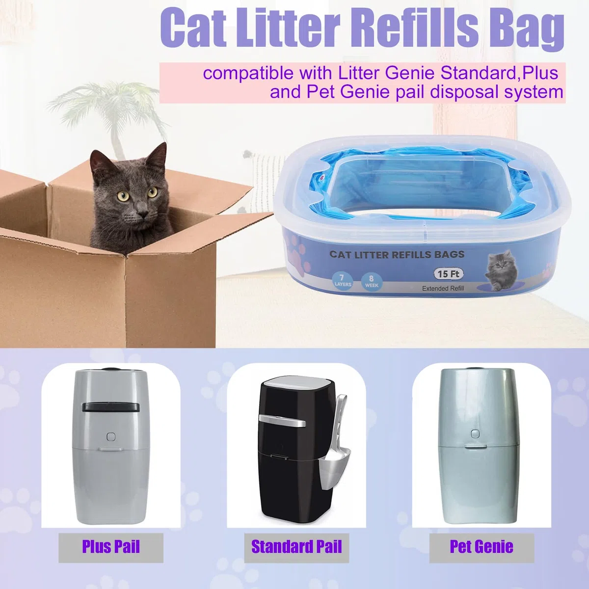 10 sacchetti di ricarica per lettiera per gatti,compatibili con i modelli Litter Genie Standard,Plus,XL e Style,Sacchetti di ricambio per lettiera per gatti,con potente azione deodorante,colore blu