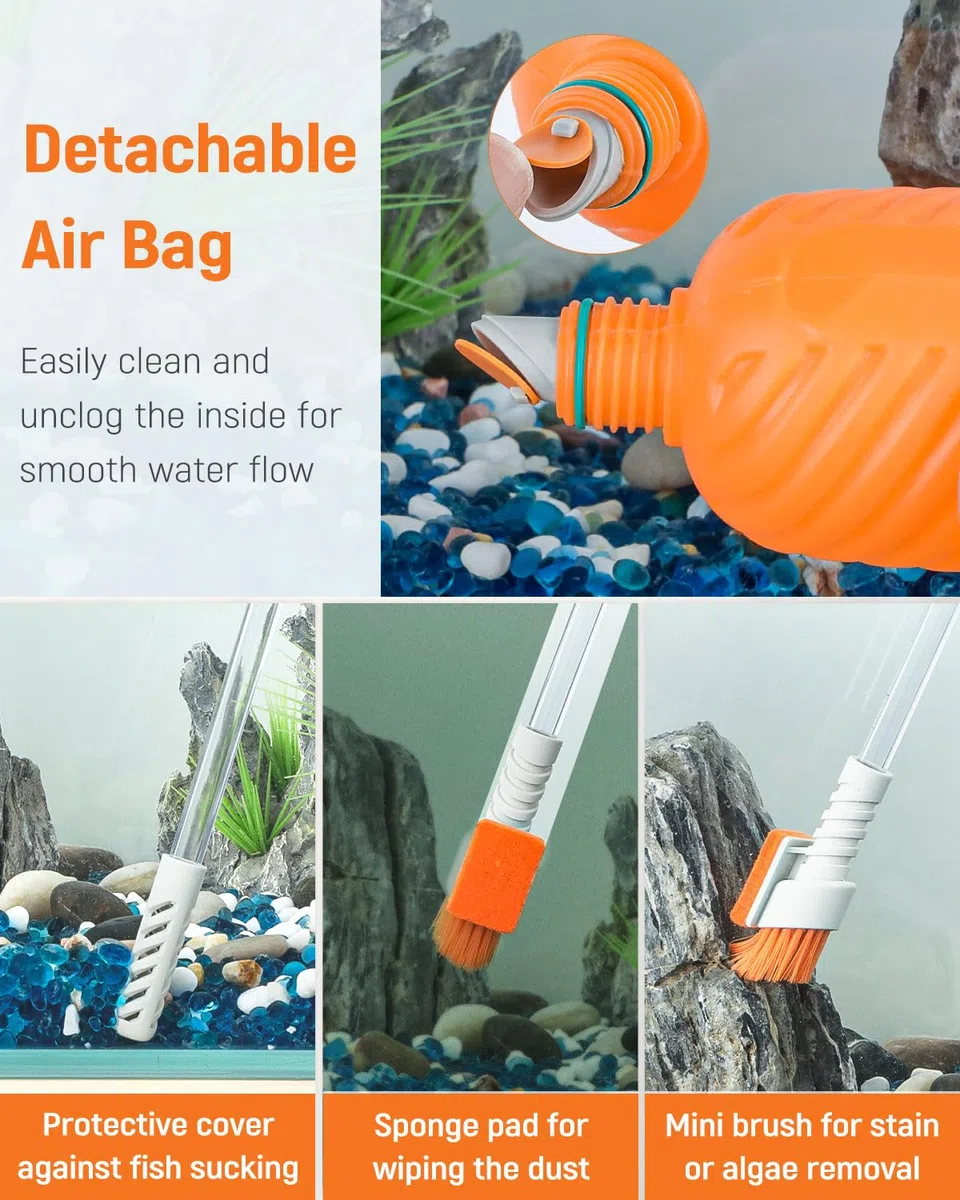 Pawfly Kit Pulitore Acquario, Sifone per Cambio Acqua con Tubo Lungo e Spazzola, Aspirapolvere Manuale per Ghiaia, Lavasabbia per Acquari da 38L