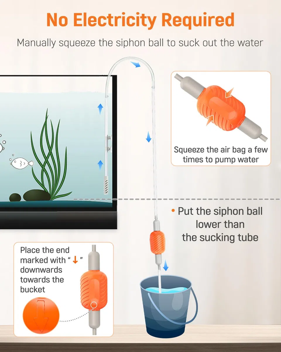 Pawfly Kit Pulitore Acquario, Sifone per Cambio Acqua con Tubo Lungo e Spazzola, Aspirapolvere Manuale per Ghiaia, Lavasabbia per Acquari da 38L