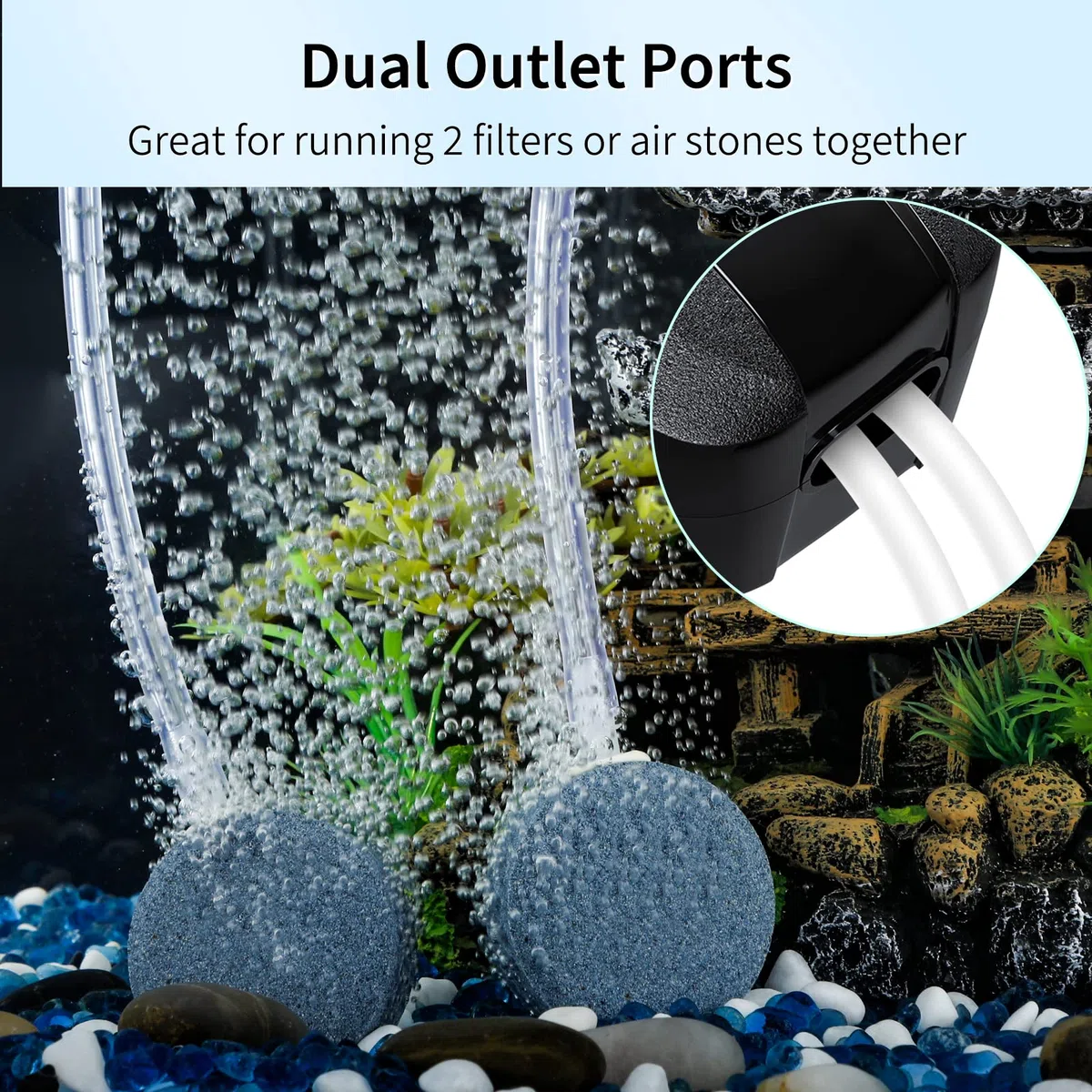 Pawfly Ossigenatore per Acquario da 4 L/min con Doppia Uscita Pompa Aeratore Silenziosa Regolabile con Pietra d'Aria Tubo d'Aria Valvola di Non Ritorno e Connettore Accessori per Acquario fino a 380 L