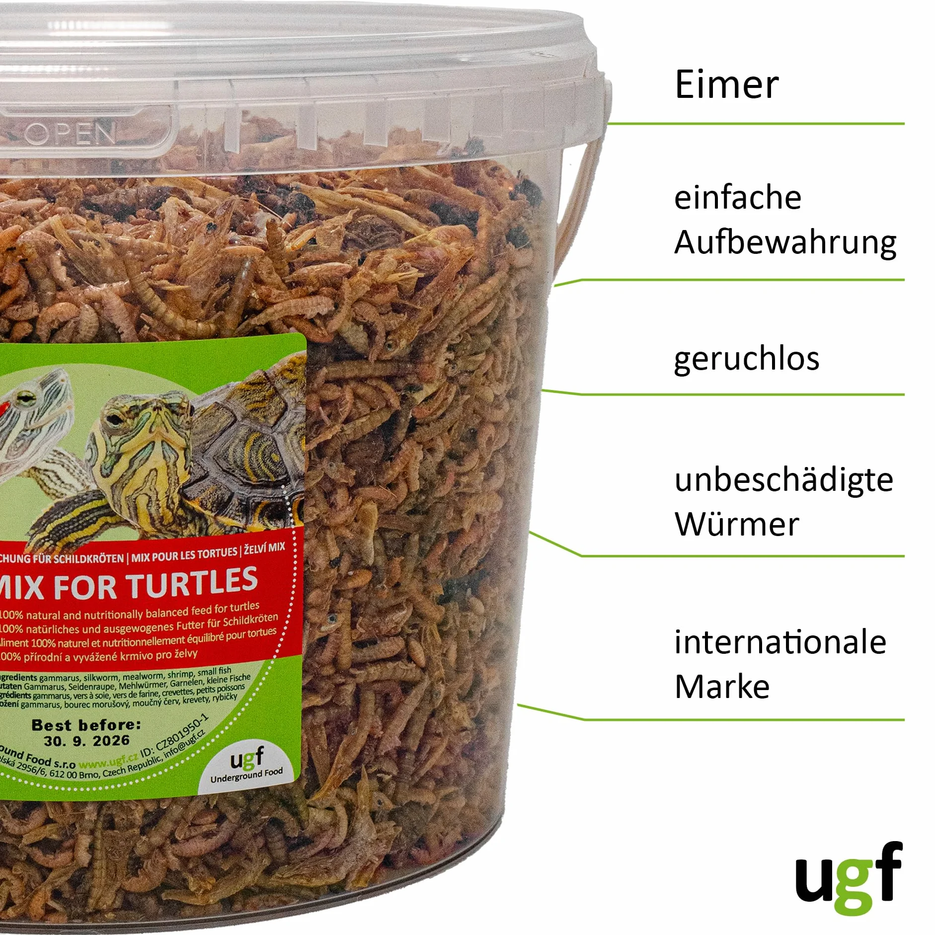 UGF - Mix universale di cibo per tartarughe - 500 g in un secchio da 3 litri, cibo bilanciato per tartarughe, gammarus, bachi da seta, vermi della farina, gamberetti e pesce essiccato