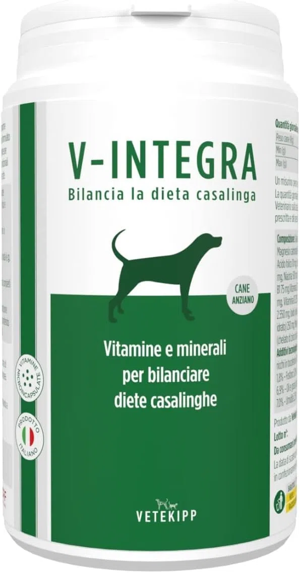 V-INTEGRA Cane Anziano 200g, Integratore Completo Ricco di Vitamine e Minerali per Dieta Casalinga e BARF, V Integra Multivitaminico Cane, Made in Italy