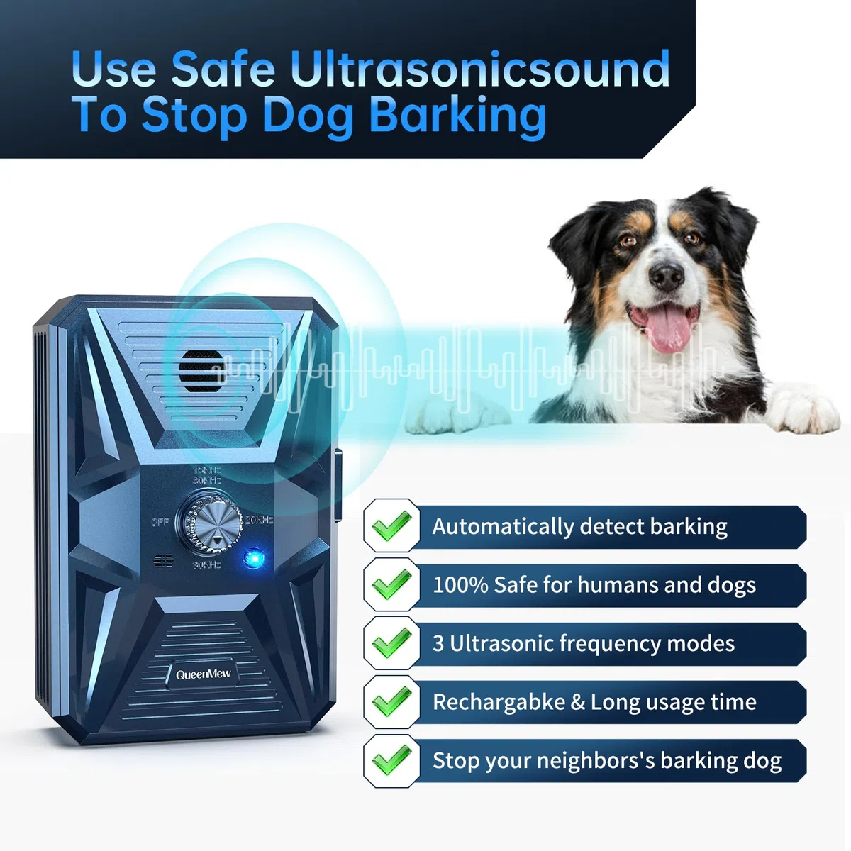 Ultrasuoni Antiabbaio, 3 Livelli Dispositivo Anti Abbaio Cani, Impermeabile Ricaricabile Ultrasuoni per Cani Portata 33 Piedi, Ultrasuoni Antiabbaio per Cani Grandi Media Piccola