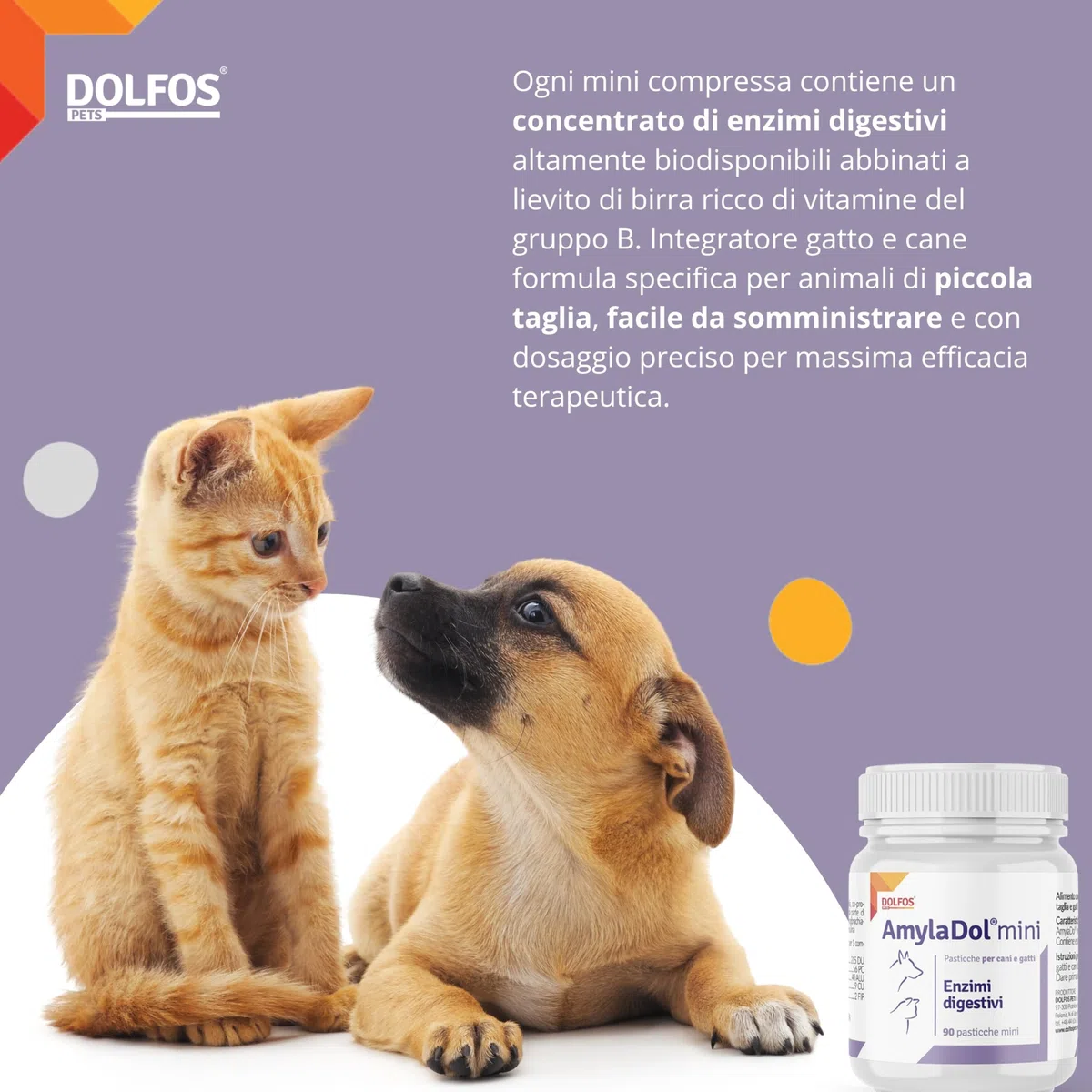 Dolfos AmylaDol MINI 90 Compresse, Integratori per Cani e Gatti con Enzimi Pancreatici, Supporto Professionale per Insufficienza Pancreatica e Disturbi Digestivi