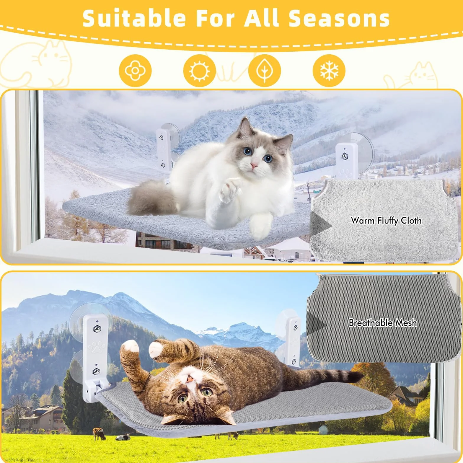 Amaca e finestra per gatti, 52 x 30 cm, stabile per gatti, con tappetino in peluche rimovibile, pieghevole, 4 ventose forti che possono contenere 25 kg (grigio)