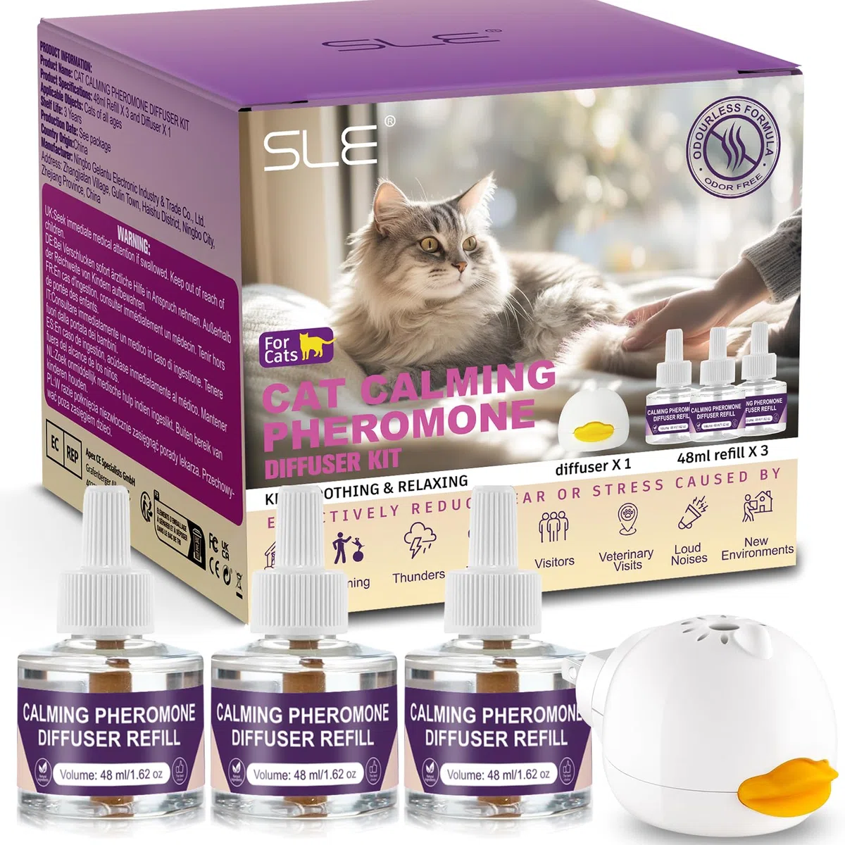 SLE Diffusore Feromoni per Gatti Calmante per Antistress Ridurre l'Ansia e Lo Stress, Feromoni Felini Tranquillanti per Gatti Irrequieti e Stressati (1 Diffuser+3 Refills)