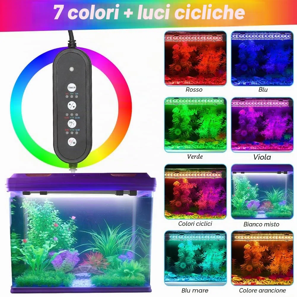 Illuminazione LED per acquario, illuminazione 24/7 a spettro completo con timer, 10 livelli dimmerabile, timer regolabile 6/10/12 ore