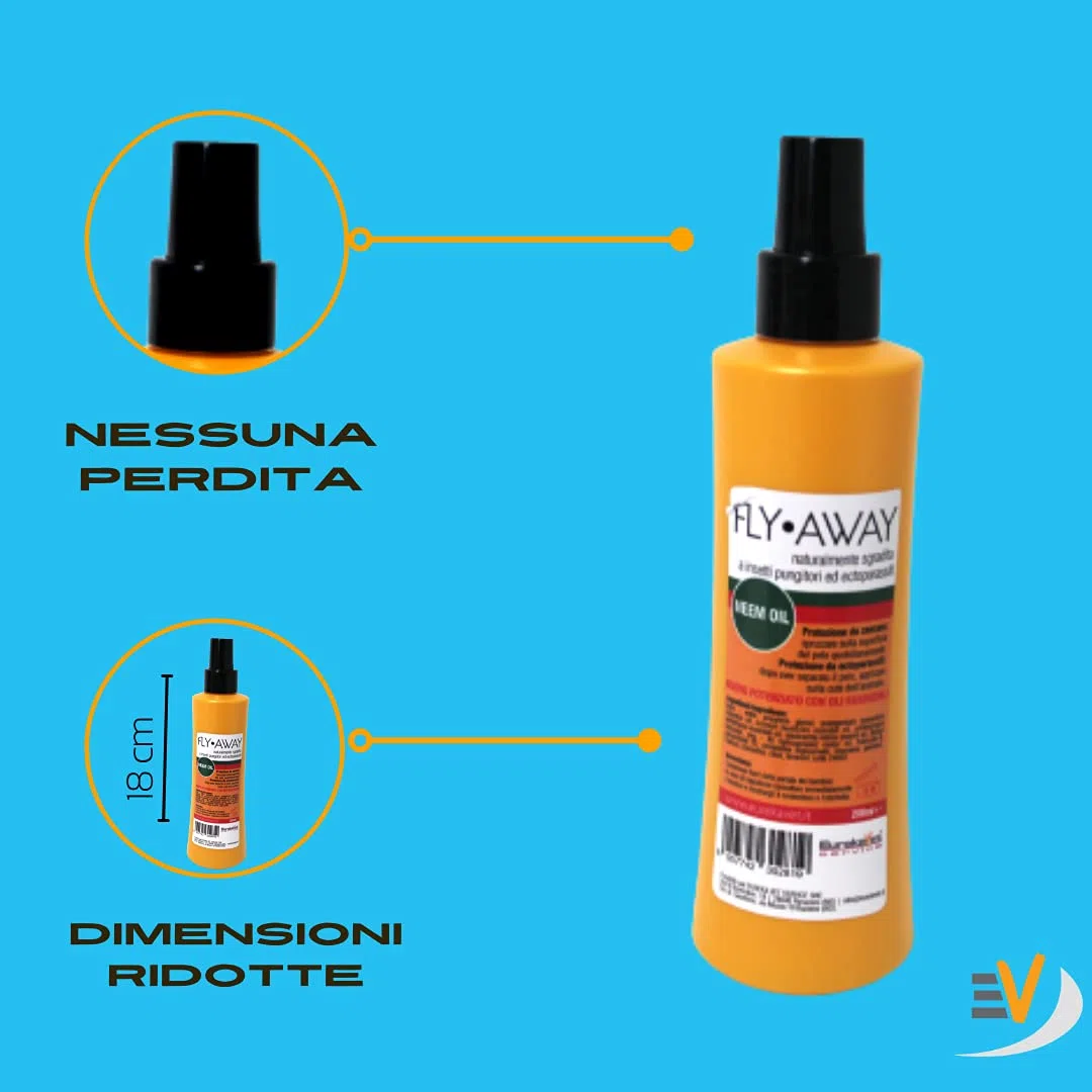 FLY AWAY Eurekavet Spray Antiparassitario 100% Naturale con Olio di Neem - Efficacie Contro: Mosche, Tafani, Flebotomi, Zanzare, Pulci, Zecche, Acari. Antipulci Spray 200ml Cani e Gatti.