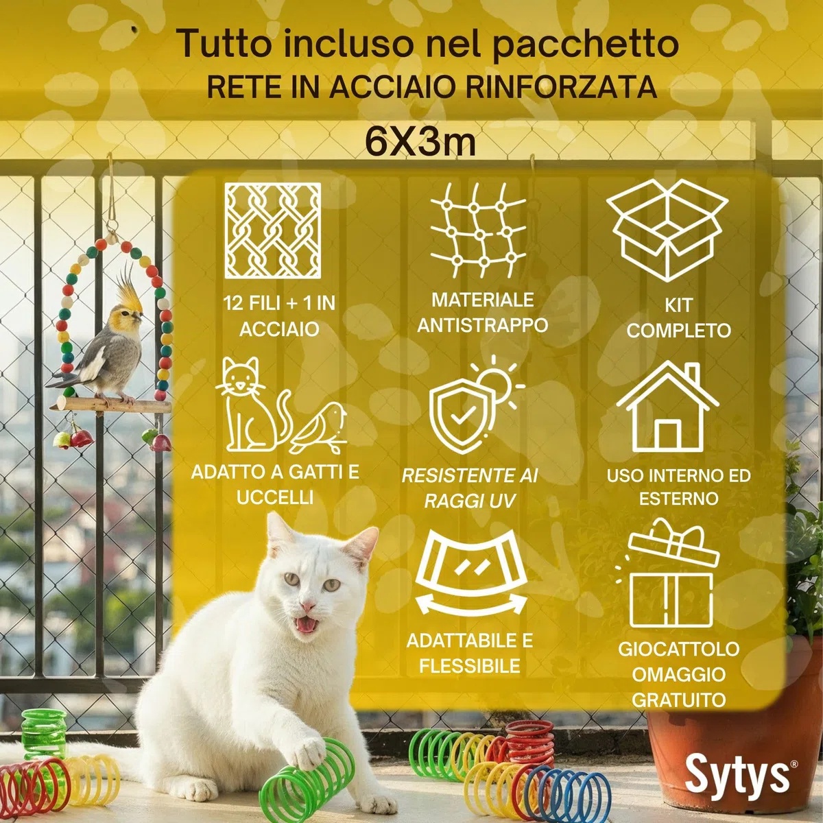 Rete per Gatti Balcone Esterno | Rete di Protezione per Gatti e Uccelli | Rinforzata in Acciaio Inox | Extra Grande 6x3 m | Fissa e Scorrevole | Kit Incluso | Manuale in Italiano