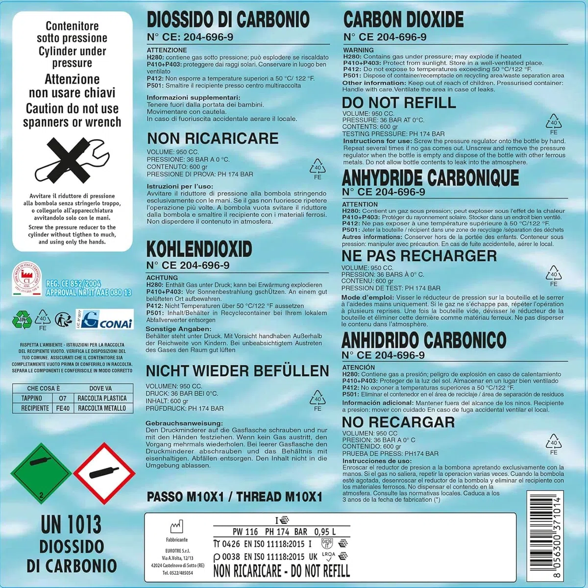 Bombola CO2 monouso 600gr. per acquari con attacco M10x1