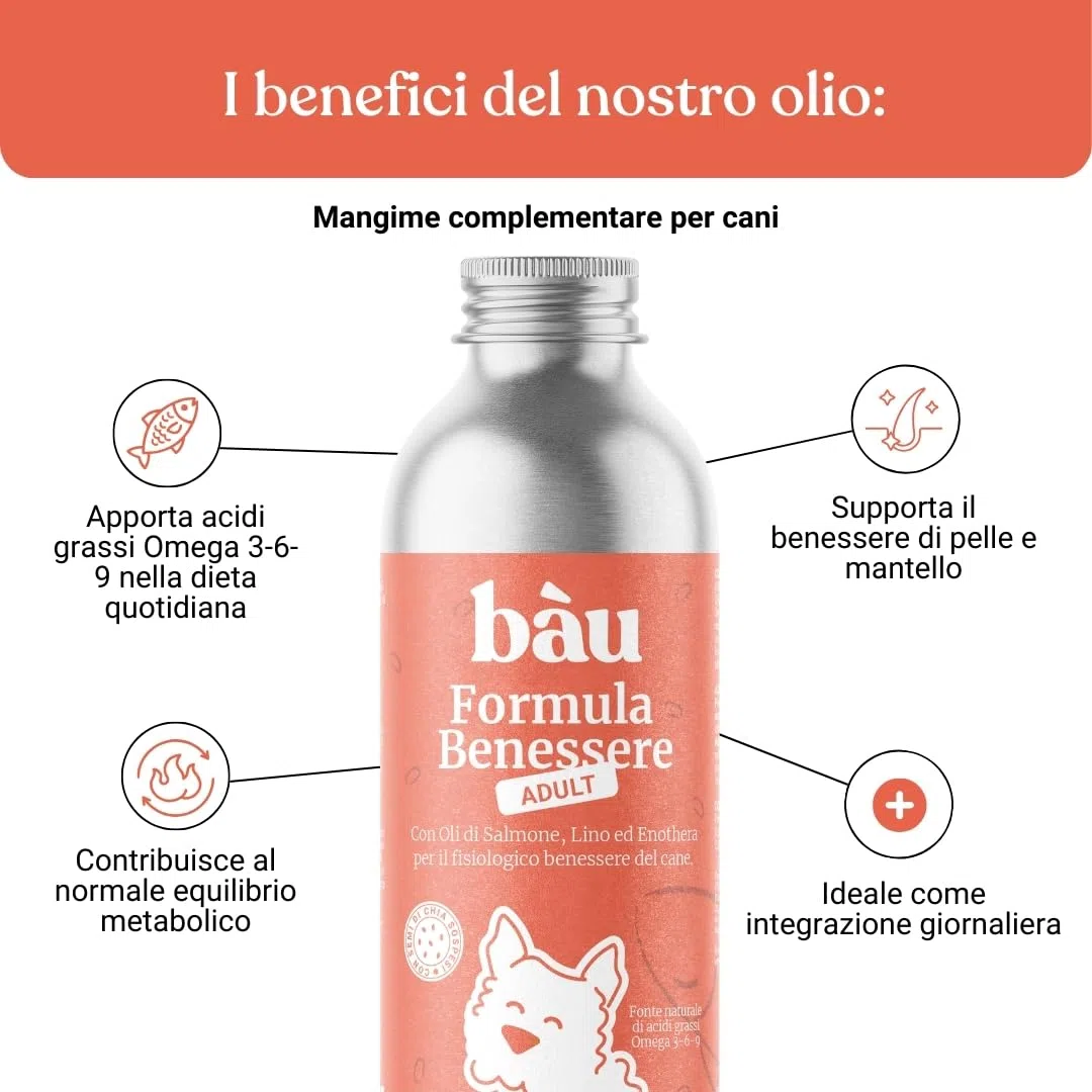 Bau Olio di Salmone per Cani Adulti con Semi di Lino ed Enotera – Omega 3 e 6 Naturali – Supporto per Pelle, Pelo Lucido e Vitalità – Integratore Liquido per Cani - Adulti
