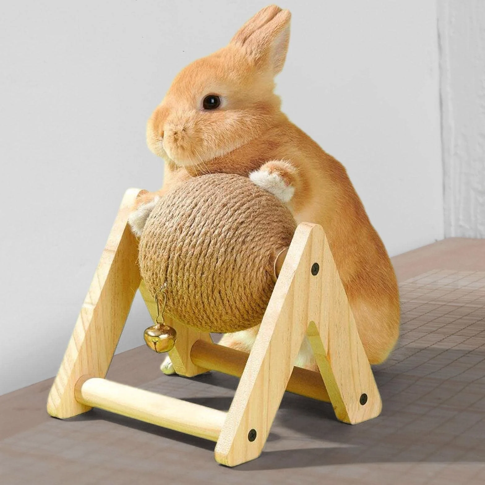 MagiDeal MagiDeal, palla tiragraffi per coniglio con sfera, 2 in 1, giocattolo interattivo, supporto in legno con campanella, per gattini, cincillà, piccoli animali gattini