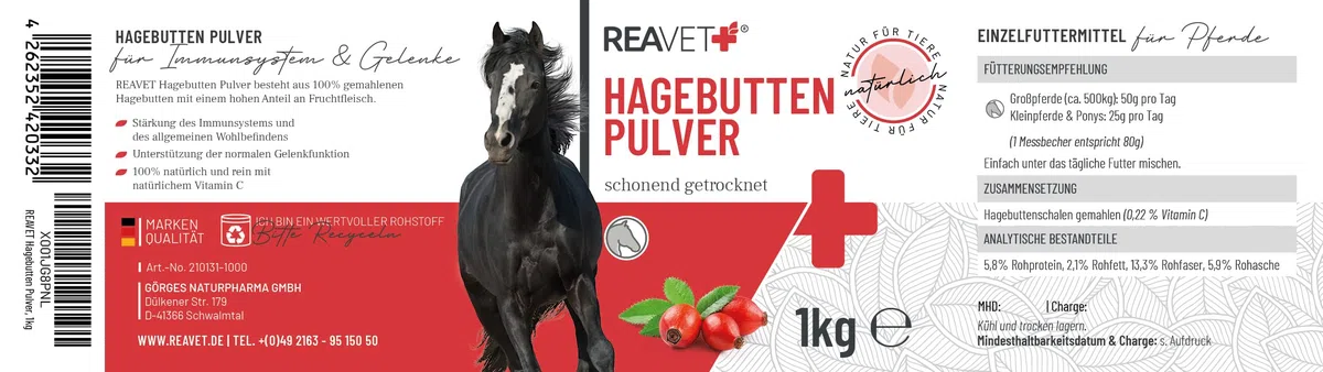 ReaVET Polvere di rosa canina premium 1 kg – pura natura, rafforza il sistema immunitario + funzione articolare, ricca di vitamina C I rosa canina polvere articolare, senza additivi