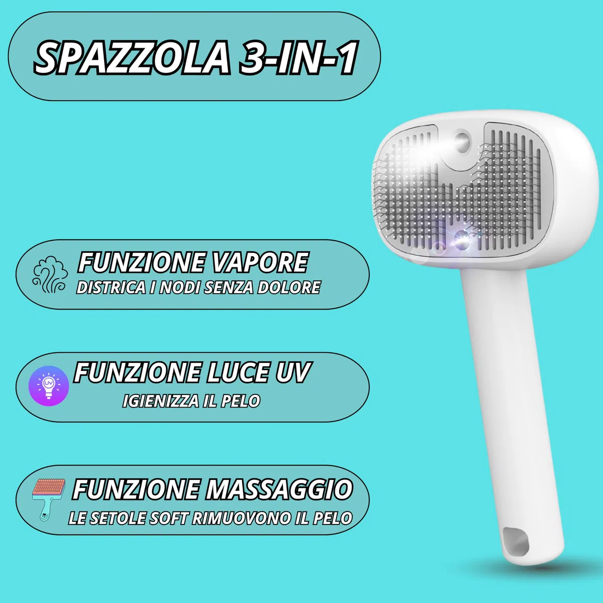 Spazzola a Vapore per Cani e Gatti,3-in-1 Luce UV Igienizzante, Setole Arrotondate, Rimozione Pelo Morto e Nodi, Batteria 500mAh Ricaricabile USB, Kit Toelettatura Professionale, Bianco