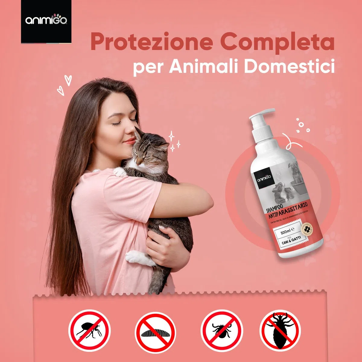Shampoo Antiparassitario per Gatti e Cani 500ml, Antiparassitario Cani e Gatti pH Equilibrato, Shampoo Ricco di Ingredienti Naturali, Antipulci Gatto