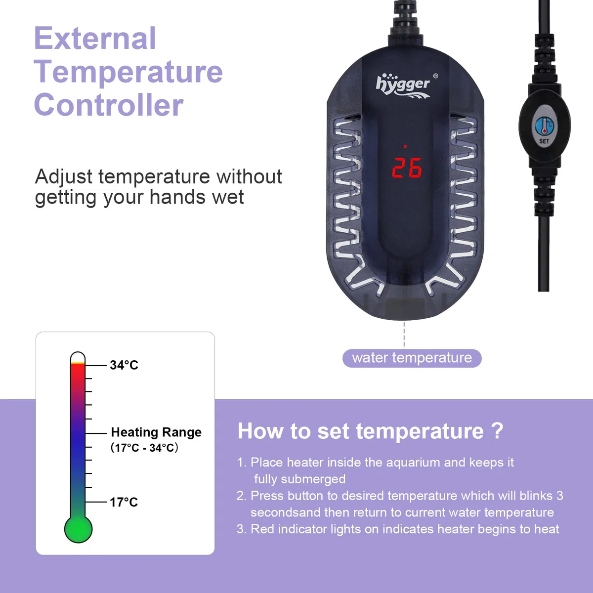 hygger Riscaldamento per Acquario, Mini Riscaldatore per Acquario 50 W Riscaldamento Regolabile per Acquario con Controller Esterno e Termometro Integrato per 1-24L