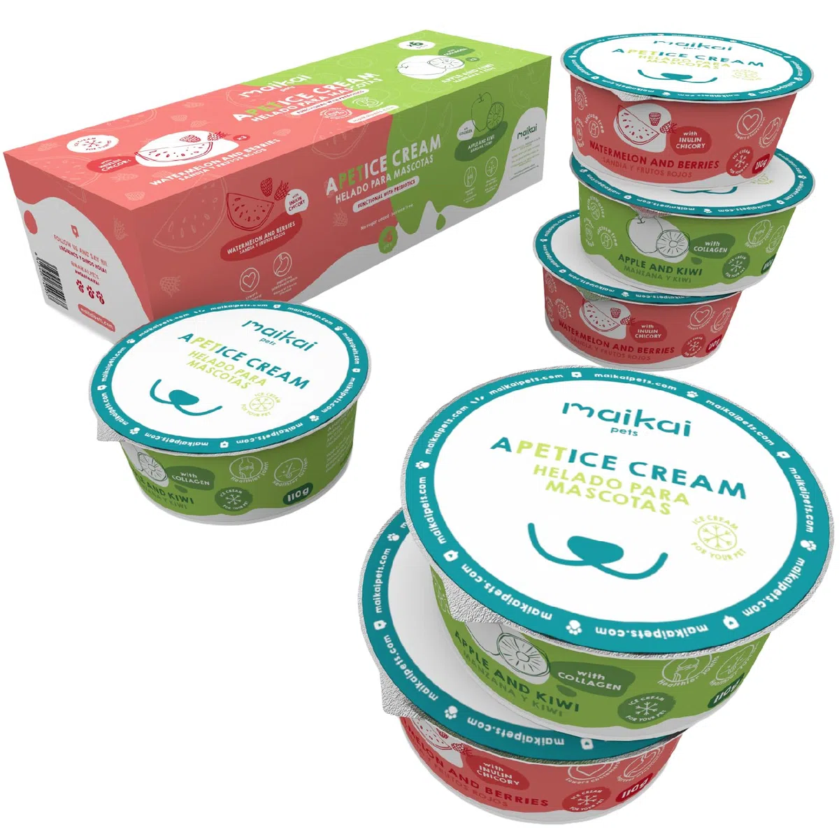 MAIKAI Confezione da 6 Gelati per Cani e Gatti – Snack Rinfrescante con Collagene e Inulina – Senza Lattosio, Idratante, Funzionale – Condroprotettore e Prebiotico Naturale per l’Estate