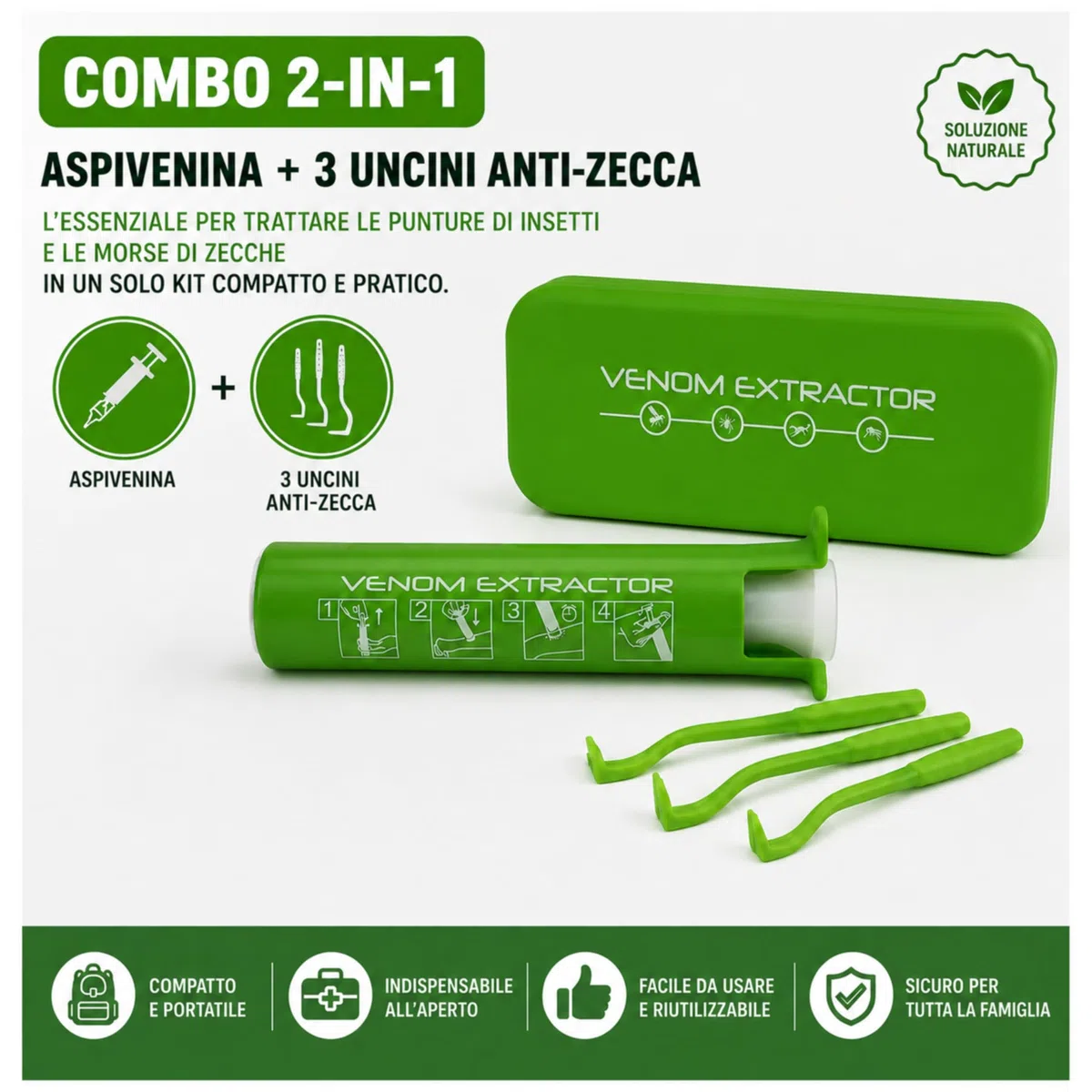 Kit d’emergenza 2 in 1 – Aspira-veleno + Ganci leva zecche | Confezione compatta per punture di insetti e morsi di zecche