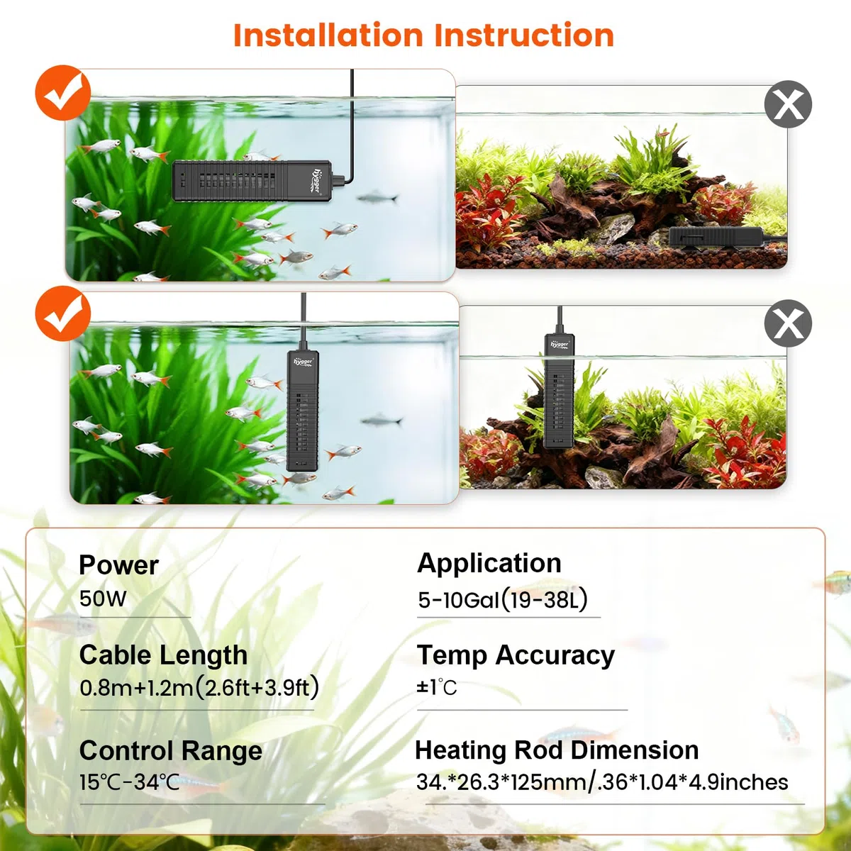 hygger Mini Aquarium Heater, 50W Riscaldatore per Acquario con Display Digitale, Regolatore di Temperatura Regolabile Sommergibile Fish Tank Heater for 19-38L Betta Turtle Tanks