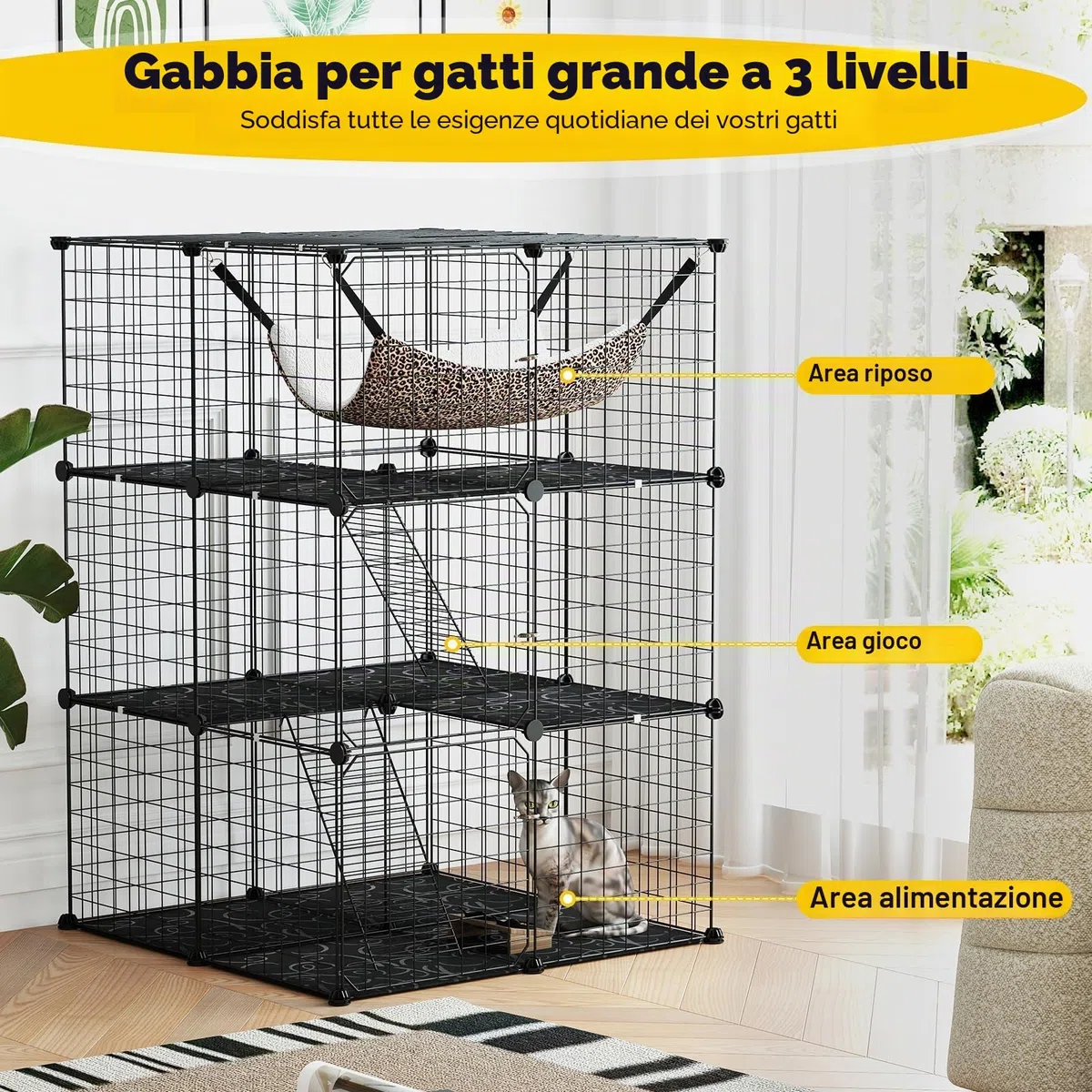 FANTASK Gabbia in filo metallico a 3 piani, grande gabbia per gatti con lucernario, amaca, 2 scale e 3 porte, canili rimovibili, recinto per gatti piccoli animali interni, 74 x 74 x 107 cm (nero)