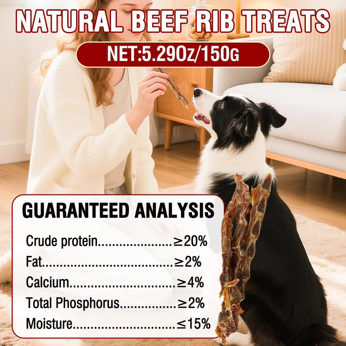 Carne di manzo costola ossa Cane tratta,100% naturale costola ossa mastica manzo da erba mangiato bovino,Lunga durata cane masticare ossa per masticatori aggressivi,150G (150G)