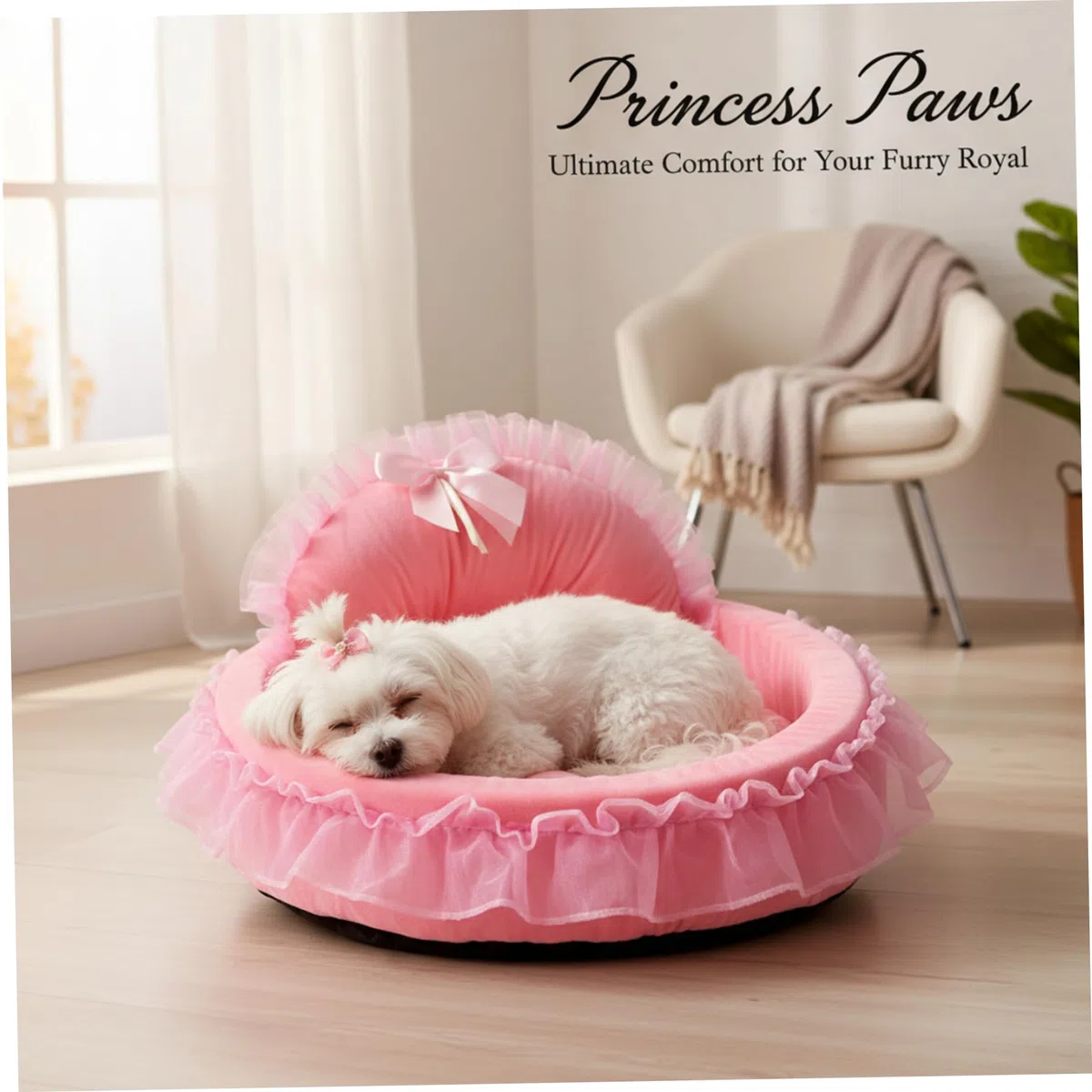 Cuccia per cani Princess con finiture arricciate, morbida e calda cuccia per cuccioli con cuscino staccabile, accogliente divano per gatti