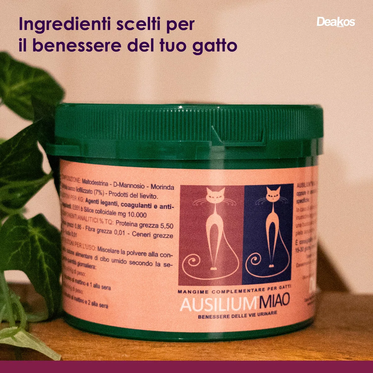 Deakos Ausilium Miao in Polvere 100g - Integratore Gatto per il Benessere delle Vie Urinarie - Con D-Mannosio Puro e Morinda Citrifolia - Integratore per Gatto Senza Glutine e Lattosio