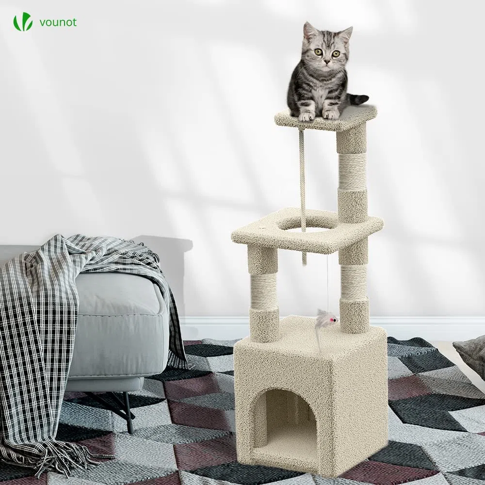 VOUNOT® Tiragraffi per Gatti, Albero Tiragraffi Gatto in Corda Sisal Naturale con Giocattolo Gioco, Altezza 88cm, Beige