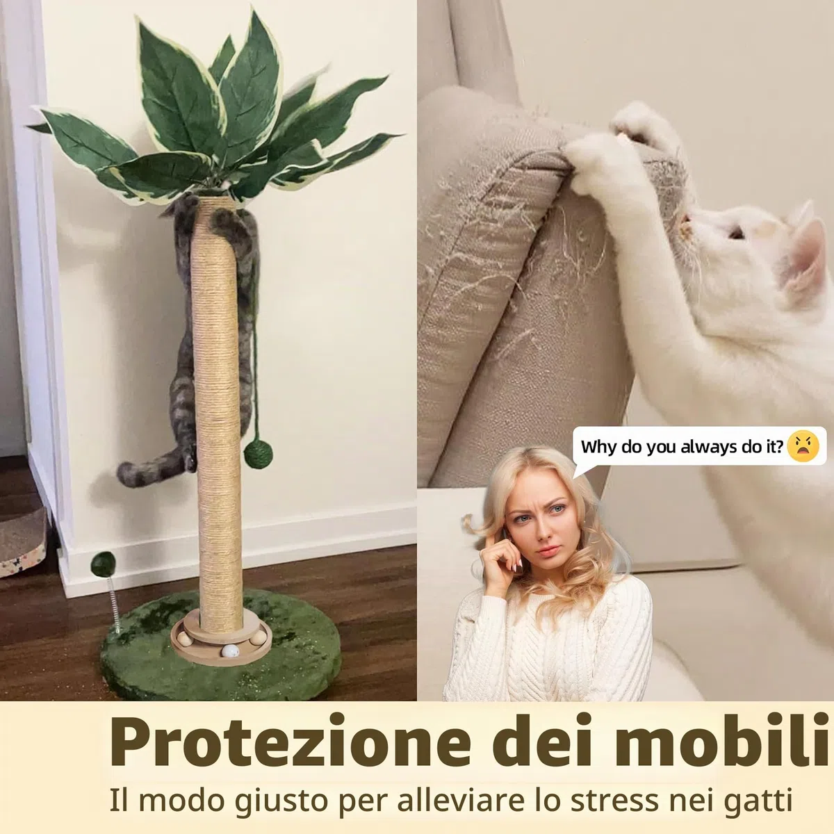 Fantasreen Tiragraffi per Gatti 84cm, Tiragraffi Alto per da Interno con Giocattolo per Gatti e Palla Interattiva, Autogestito per Gattini Adulti