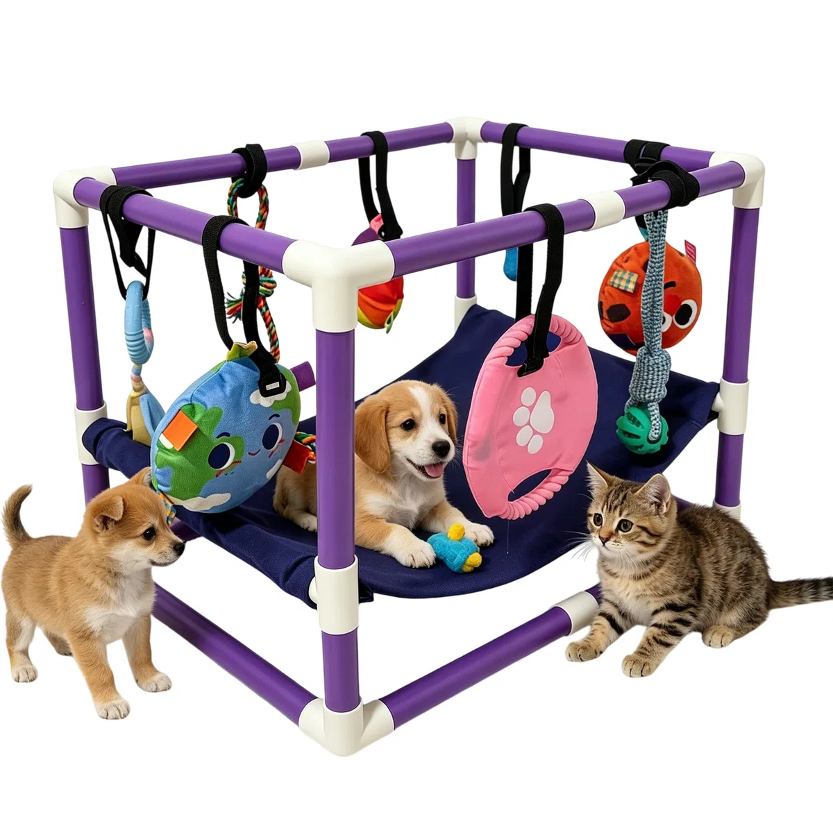 Parco giochi per cuccioli, con 8 giocattoli, parco giochi per cani di piccola taglia, centro attività per cani, telaio in PVC, amaca, giocattolo per addestramento, calma al chiuso
