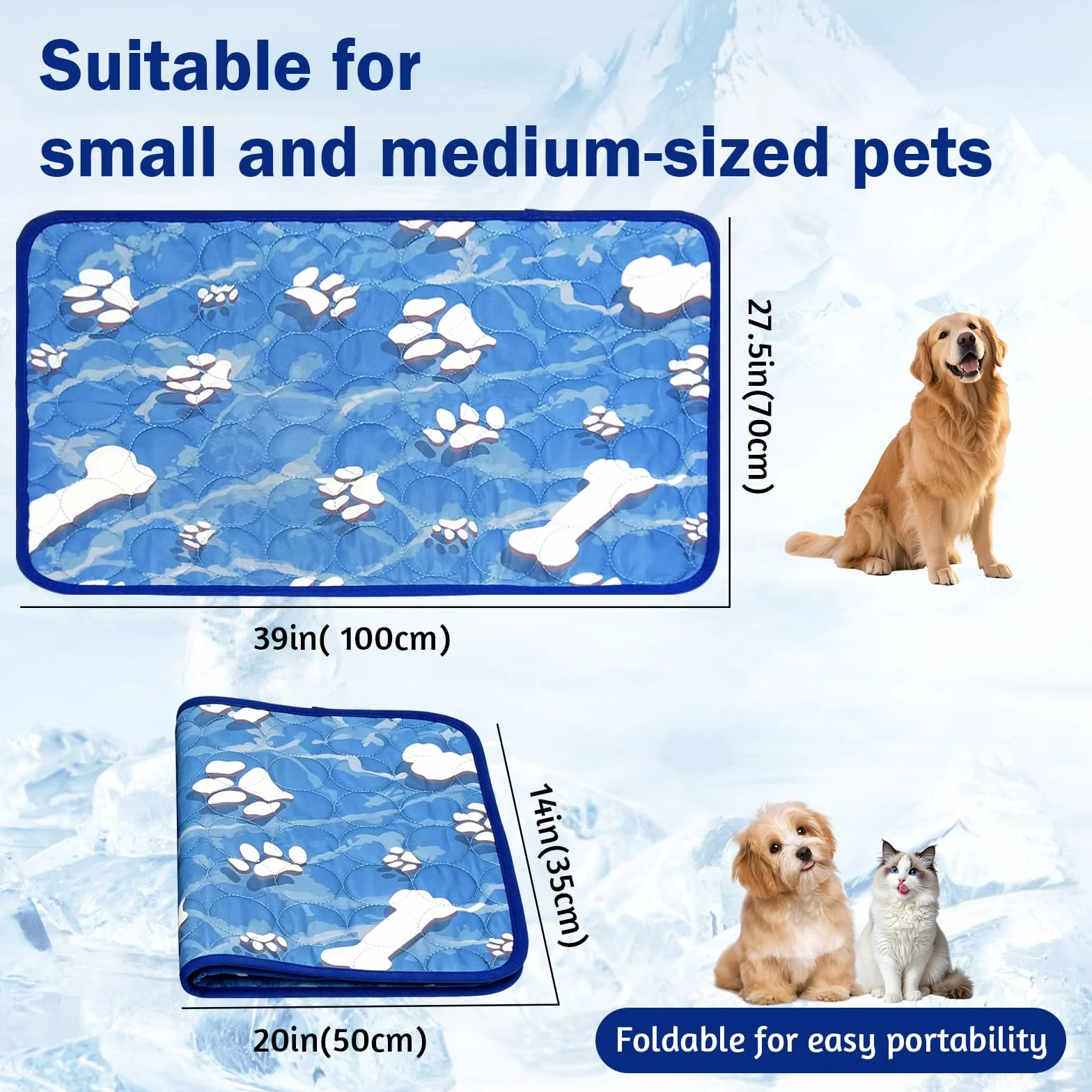 Tappetino Refrigerante Cane Grande 100x70cm, Tappetino Refrigerante per Cani Gatti, Animale Domestico, Modello Carino con Stampa Osso e Zampa, Seta Fredda Morbida, Anti-Statico, Antiscivolo, Piegabile