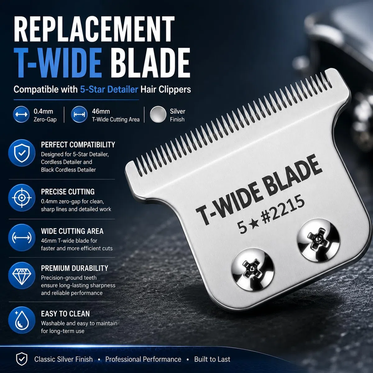 Lame T-Wide di Ricambio Compatibili con le Tondeuse Wahl 5-Star Detailer – 0,4 mm, Zero-Gap (Argento – Confezione da 2)