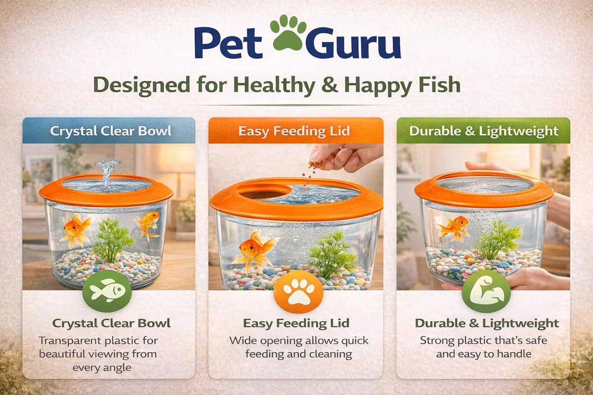 Pet Guru Ciotola per pesci trasparente di alta qualità con coperchio, ghiaia decorativa e pianta inclusa, plastica resistente, perfetta per pesci rossi (casuale)