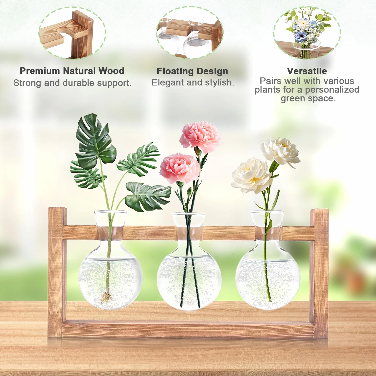 Stazione di Propagazione per Piante, Terrario in Vaso con Base in Legno, Decorazioni Eleganti per Scrivania con Piante in Terrario, Stazione di Propagazione per Talee di Fiori da Appartamento